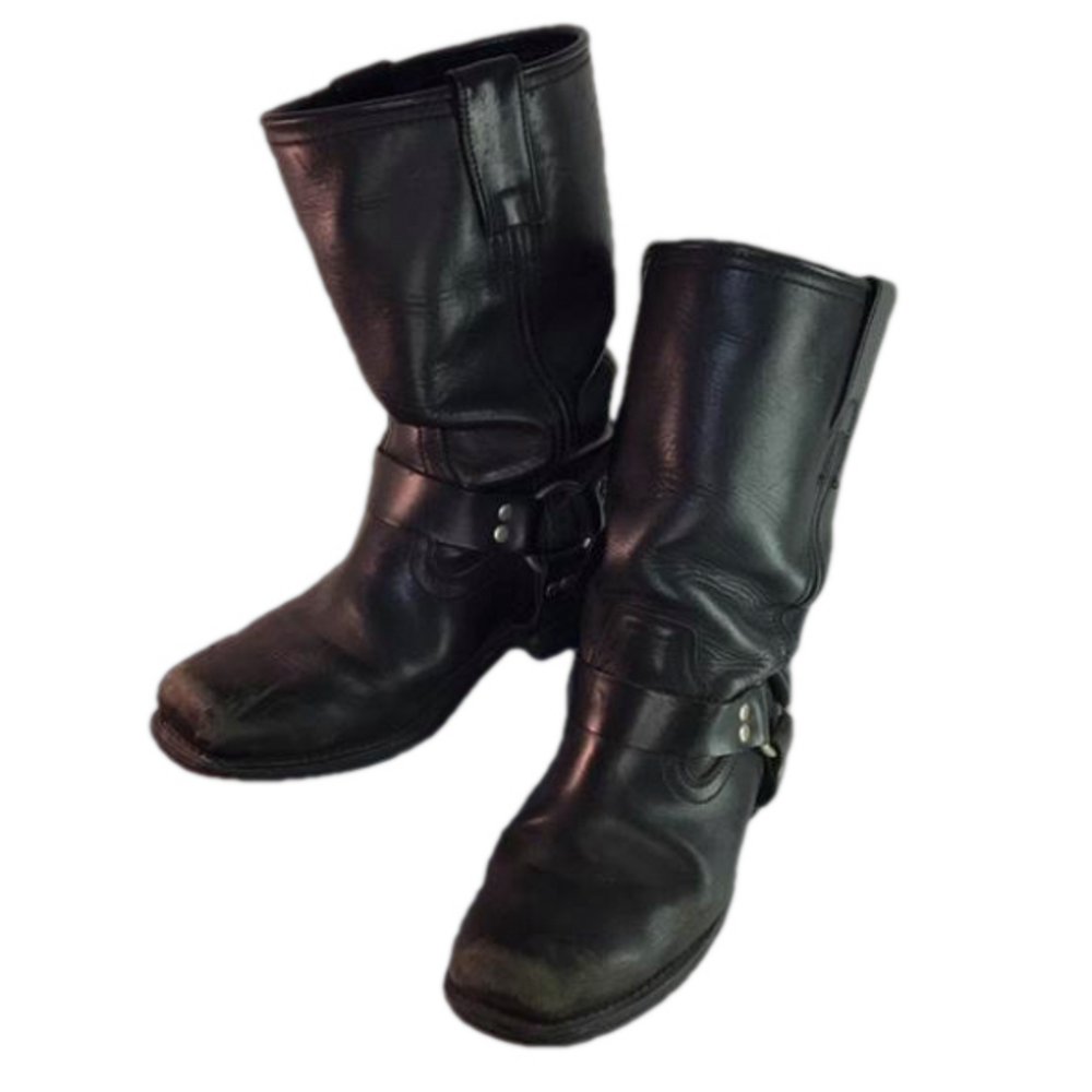 Black Leather Harness Mid-Calf Square Toed MOTORCYCLE Biker Boots Men’s Size—9D